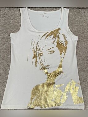 Cache White Tank Top with Gold Portrait Graphic